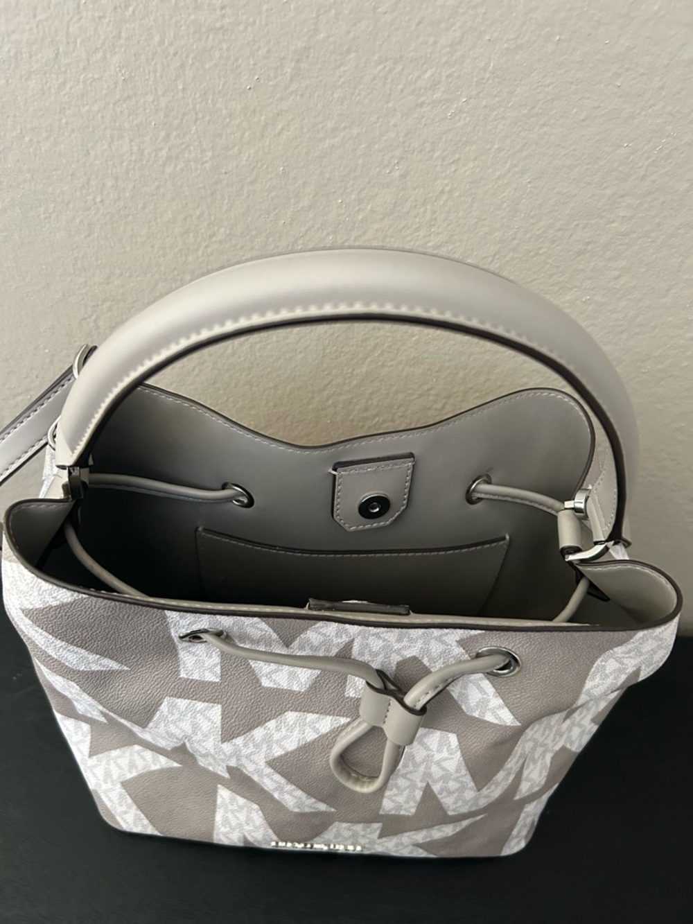 Michael Kors Light Gray MK Logo Drawstring Shoulder Tote - Picture 12 of 15